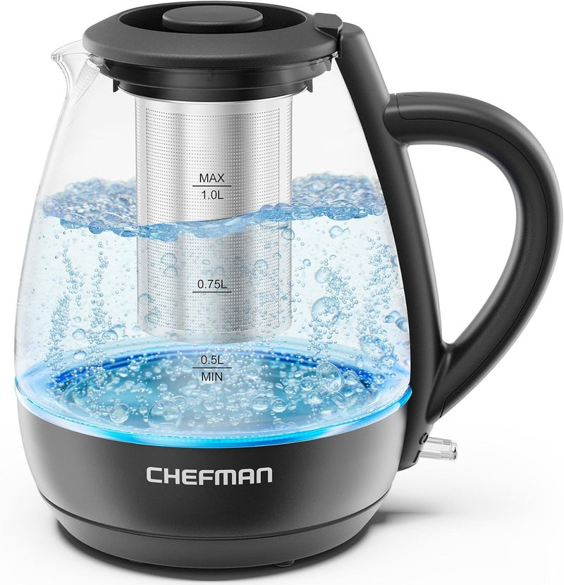 Chefman Electric Kettle with Tea Infuser, Compact 1L (4 Cups), 1500W, Removable Lid for Easy Cleaning, Boil-Dry Protection, Stainless Steel Filter, BPA Free, Auto Shut Off, Small Electric Tea Kettle - Image 1